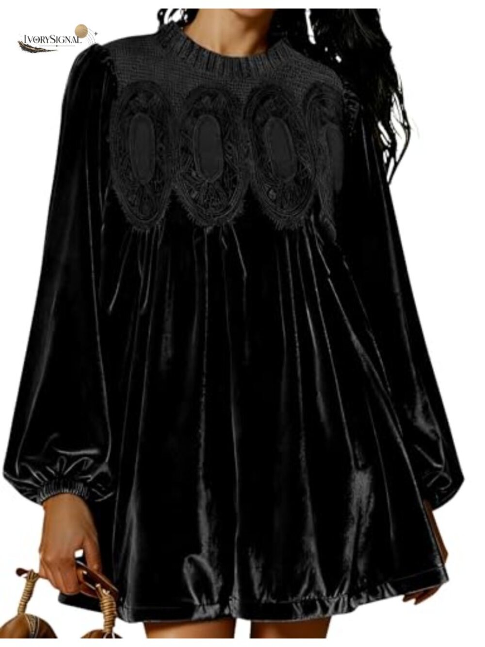 Velvet Lace Babydoll Mini Dress Pleated Swing Scallop Neck A-Line